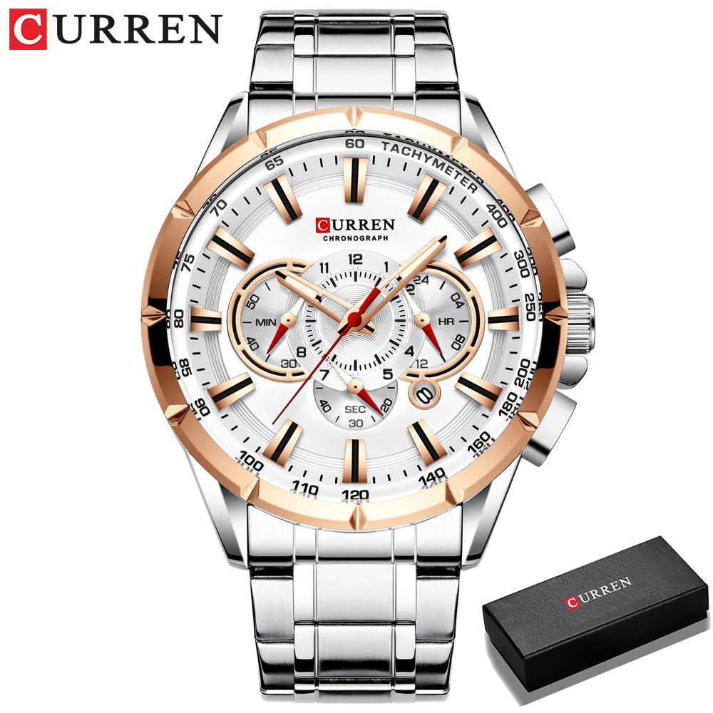 CURREN New Casual Sport Chronograph Men's Watches Stainless Steel Band Wristwatch Big Dial Quartz Clock with Luminous Pointers - RY MARKET PLACE