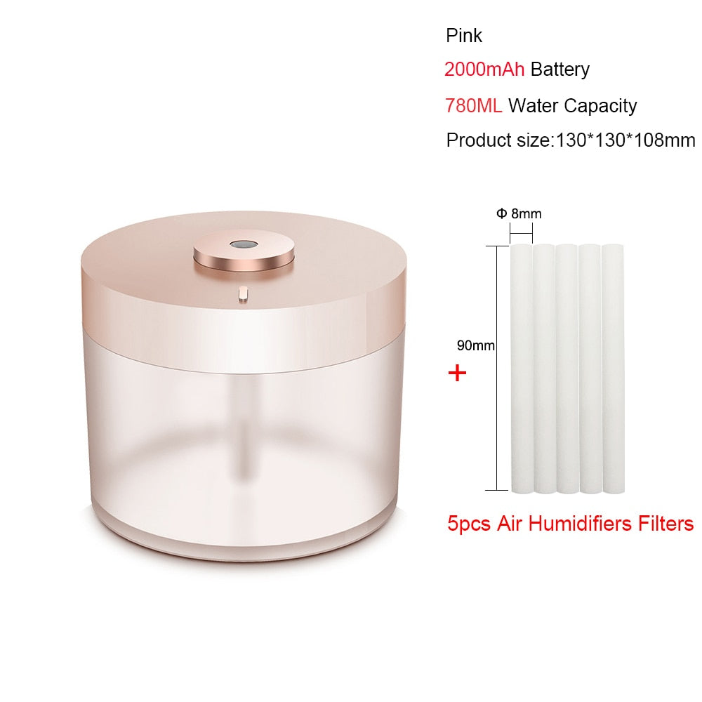 Portable Air Humidifier Wireless 2000mAh Usb Rechargeable Electric Humidifiers Diffuser Cool Mist Maker Night Lamp For Home - RY MARKET PLACE