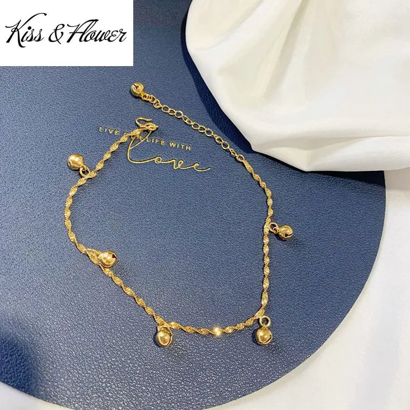 KISS&FLOWER AK09 Fine Jewelry Wholesale Fashion Hot Woman Girl Bride Mother Birthday Wedding Gift Bells Charm 24KT Gold Anklet