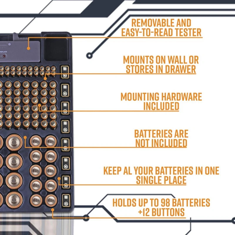 Battery Storage Organizer Holder with Tester - Battery Caddy Rack Case Box Holders Including Battery Checker For AAA AA C D 9V