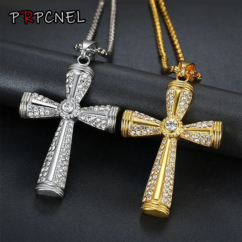 Hip hop big Cross gold color Iced Out Bling Bling zircon Pendant For Men Charm Chain Necklace Father's Day Fashion Gift Jewelry