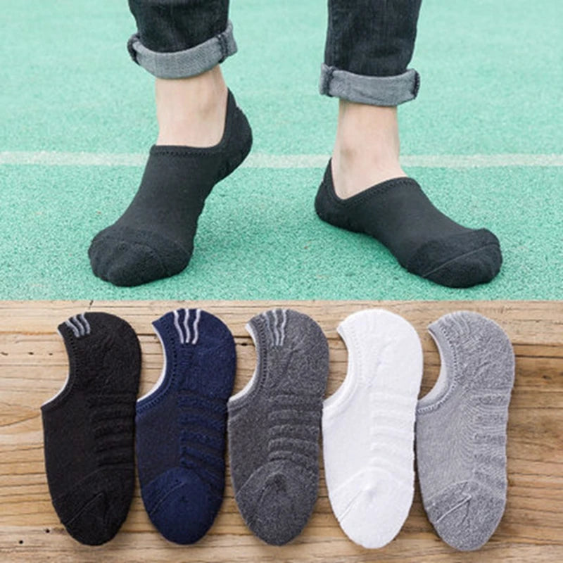 5 Pairs/Lot Men's Fashion Towel Bottom Boat Socks Cotton Sport Sweat Breathes Silicone Anti-Slip Invisible Socks Plus Size 41-45