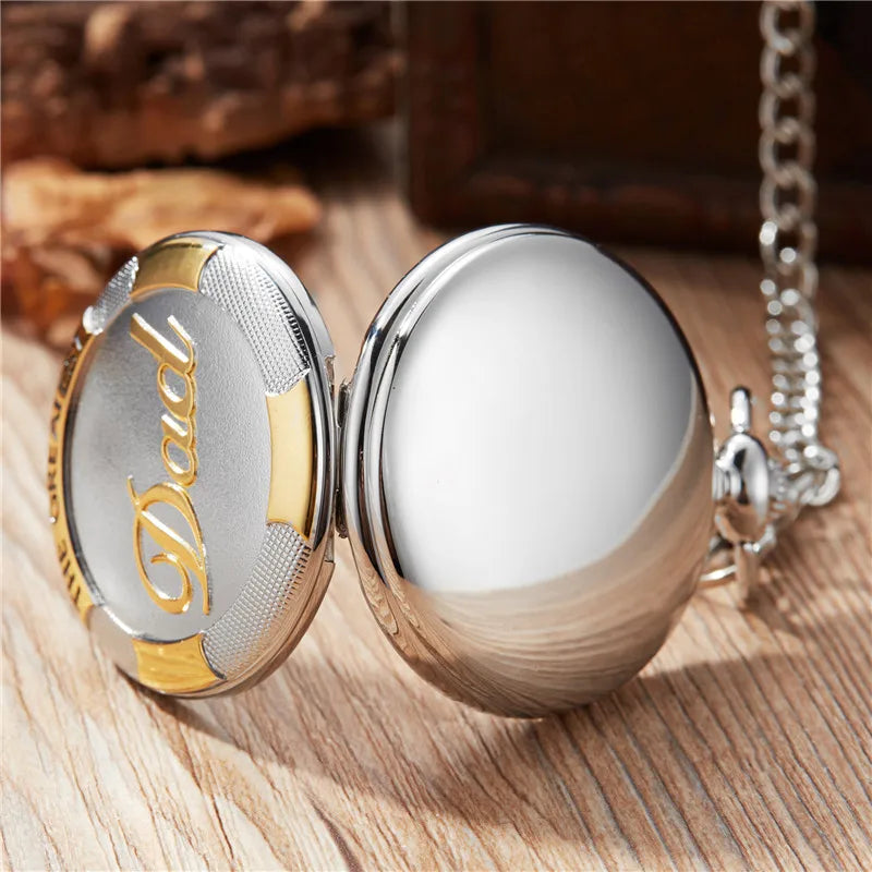 New Silver Gold Luxury Dad Father's Quartz Pocket Watch Roman Numerals Pendant Necklace Fob Chain best father's day Gift