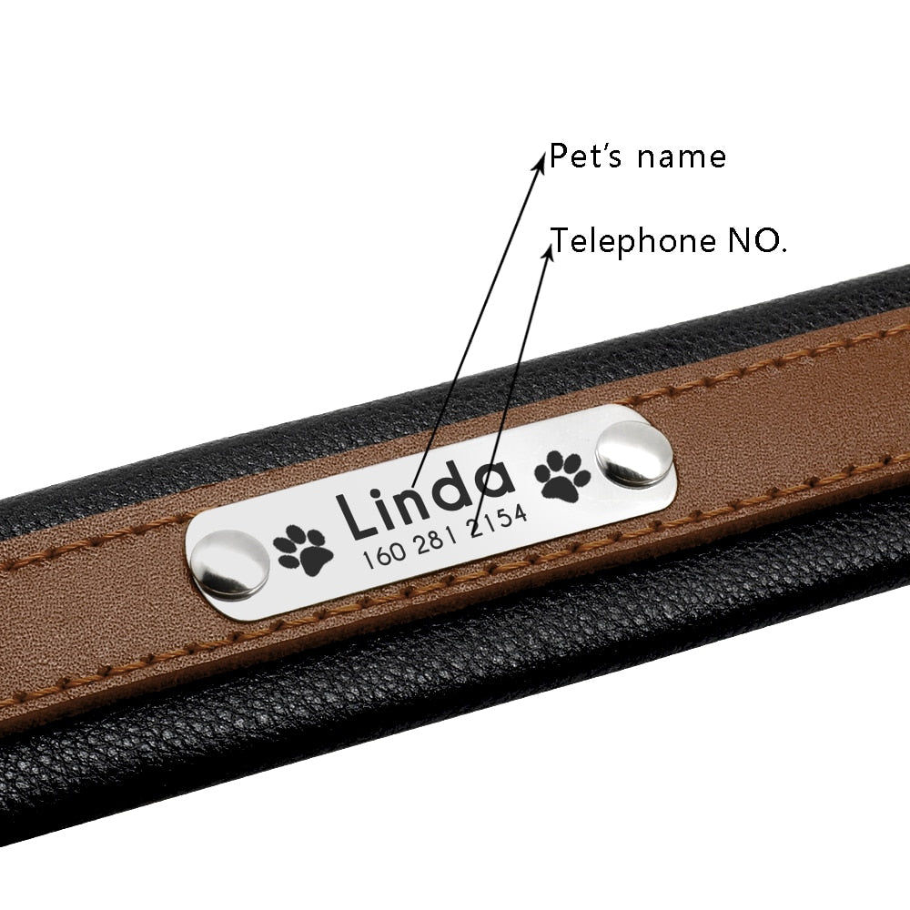 Large Dog Collar Genuine Leather Dog Collar Personalized Pet Name ID Collar Padded Customized For Medium Large Dogs - RY MARKET PLACE