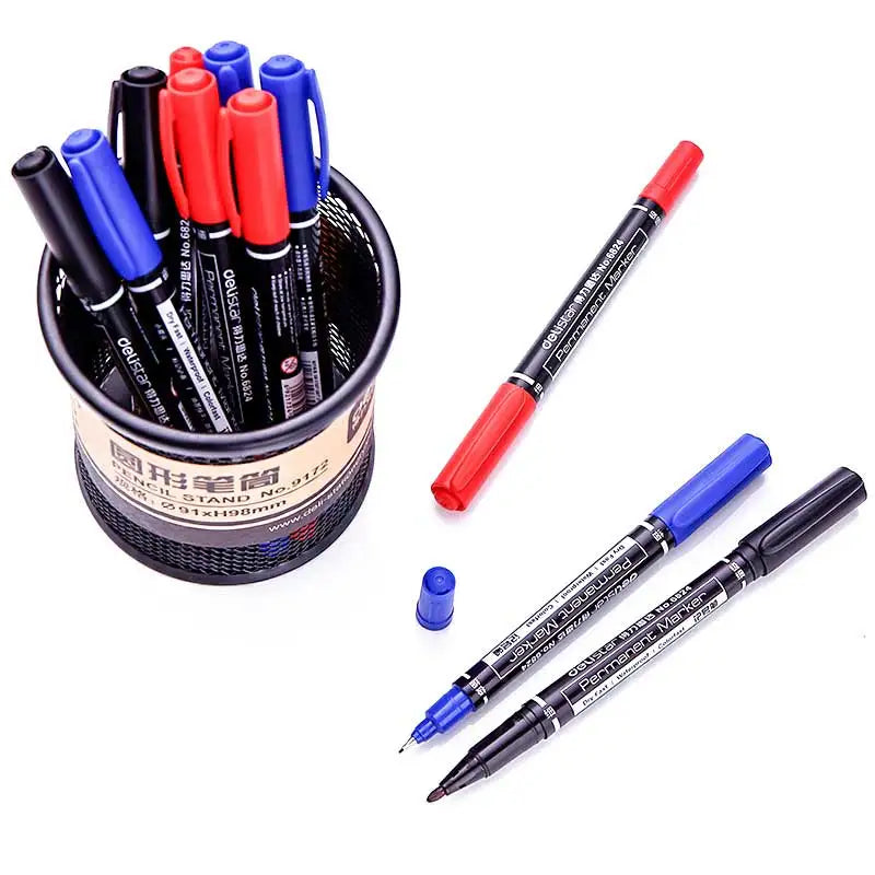 9pcs/Set Twin Tip Permanent Markers,  Black, Red,Blue Ink, 0.5mm-1mm pens for School Office Supplies Student Stationery