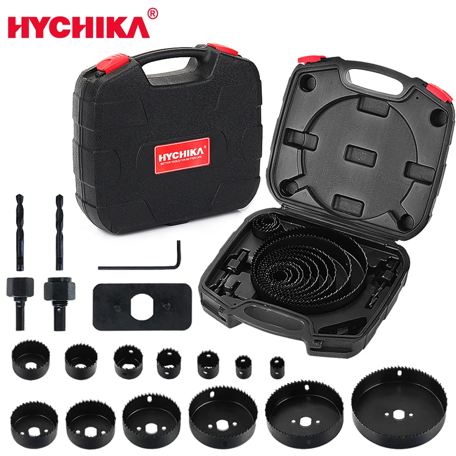 HYCHIKA Hole Saw Cutting Set Kit 19 Pcs Hole Saw Kit with 13Pcs Saw Blades 2 Drill Bits for Soft Wood Plywood Drywall PVC - RY MARKET PLACE
