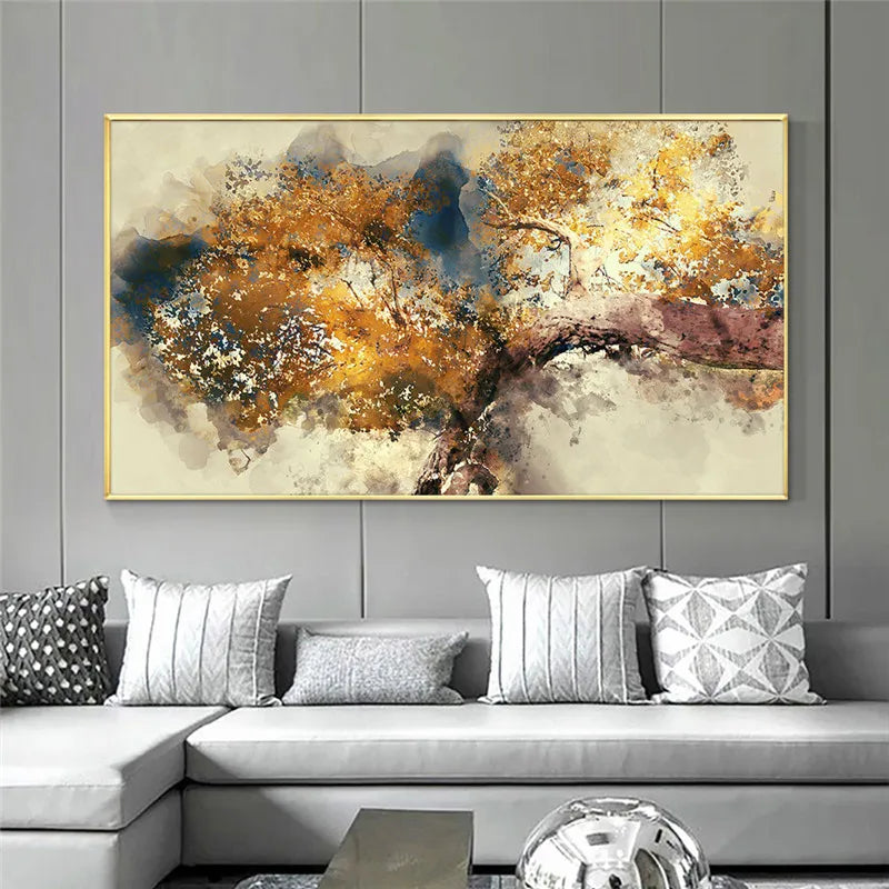 Modern Canvas Poster Painting on Canvas Abstract Textured Brown Trees with Yellow Leaves Wall Art Painting for Home Decor