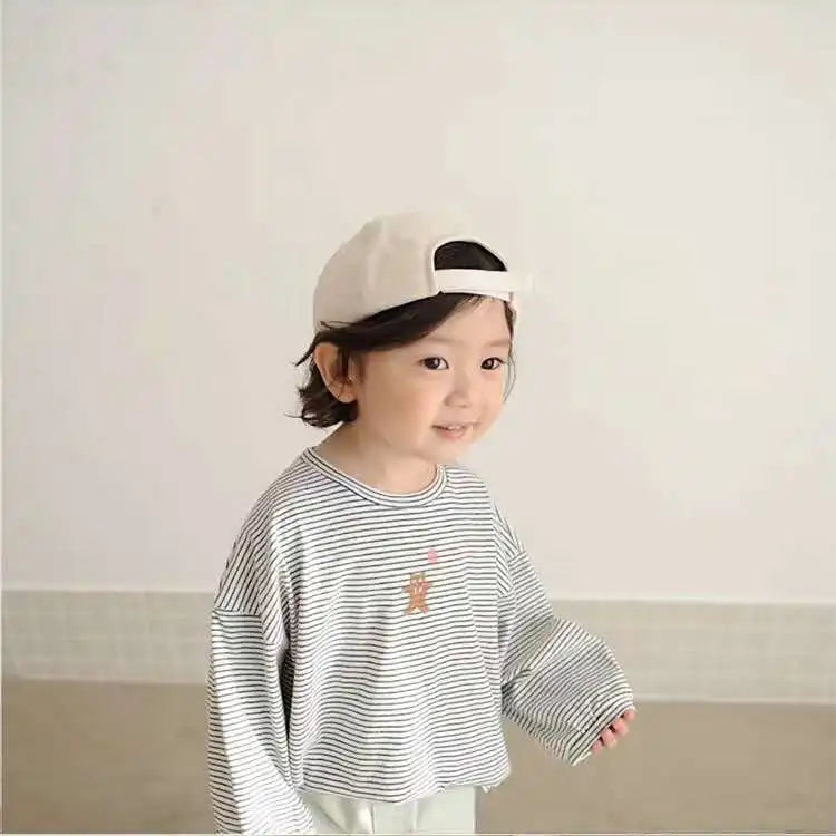 2020 Autumn Children'S Clothing New Girl Bear Print Long-Sleeved Striped T-Shirt Children'S Autumn And Winter Baby Cotton Bottom