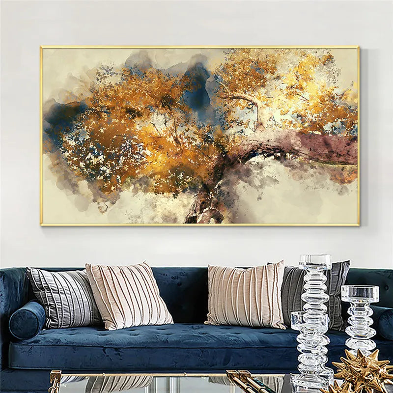 Modern Canvas Poster Painting on Canvas Abstract Textured Brown Trees with Yellow Leaves Wall Art Painting for Home Decor