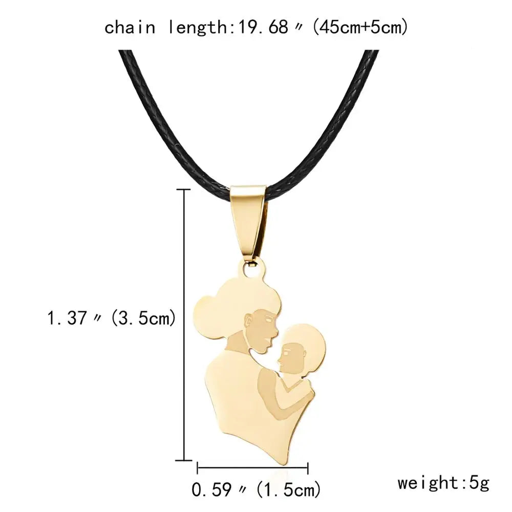 Mom Dad Baby Stainless Steel Necklace Women Gold Color Statement Necklace Mother's Day Gift Jewelry Leather Chain Charm Pendant