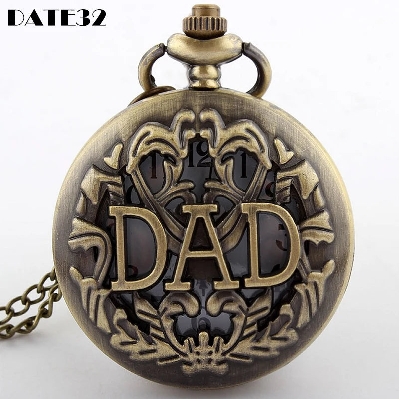 Dad Pendant Quartz Pocket Watch Antique Vintage Men Fob Chain Necklace Clock Gift for Daddy Father's Day Birthday Present