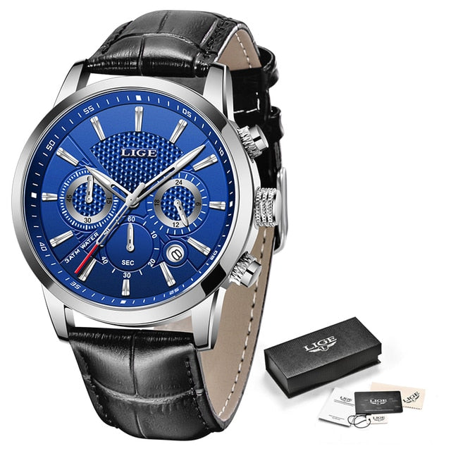 2023 New Mens Watches LIGE Top Brand Leather Chronograph Waterproof Sport Automatic Date Quartz Watch For Men Relogio Masculino - RY MARKET PLACE