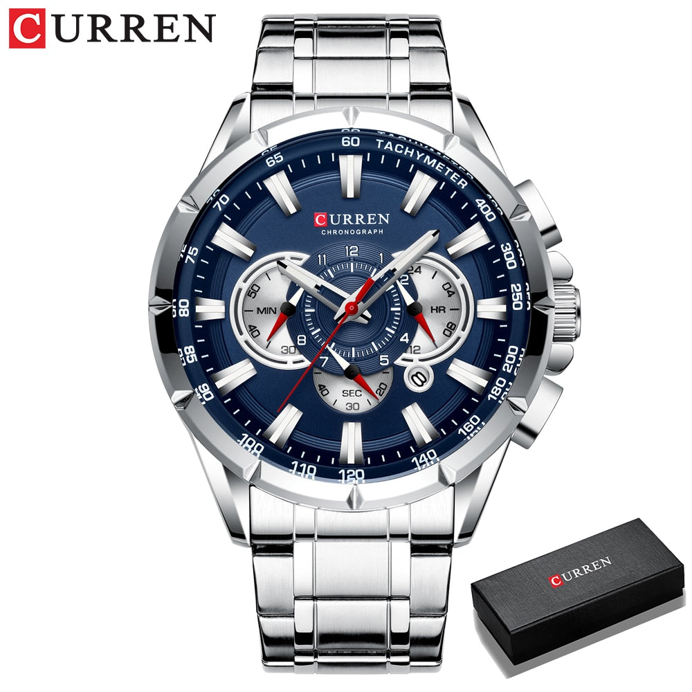 CURREN New Casual Sport Chronograph Men's Watches Stainless Steel Band Wristwatch Big Dial Quartz Clock with Luminous Pointers - RY MARKET PLACE