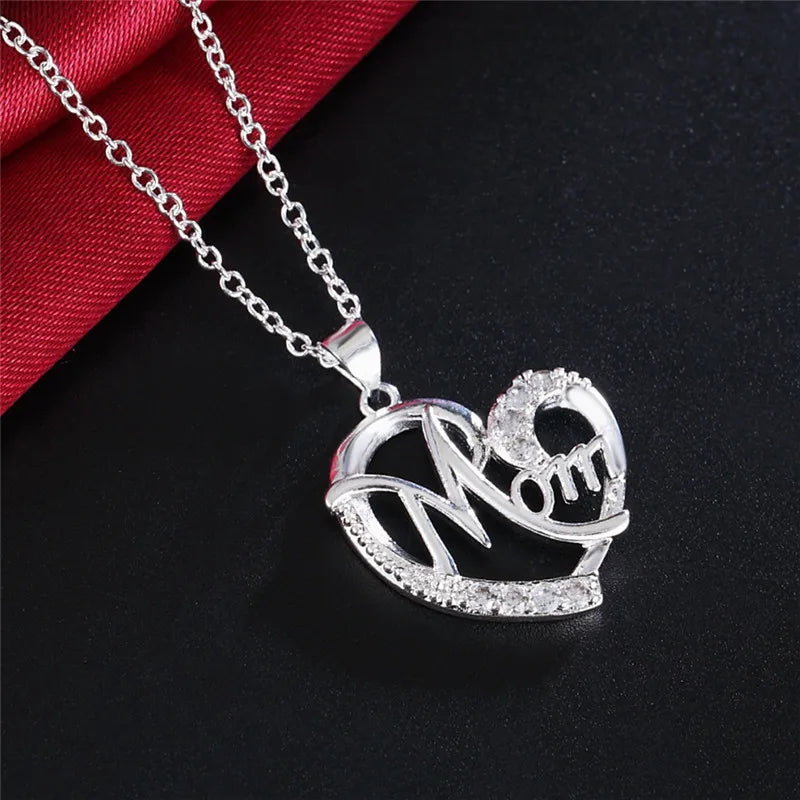 925 Sterling Silver Women Necklaces Letter MOM Heart Shape Zircon Necklaces Mother's Day Gift Fine Jewelry Charm Gifts