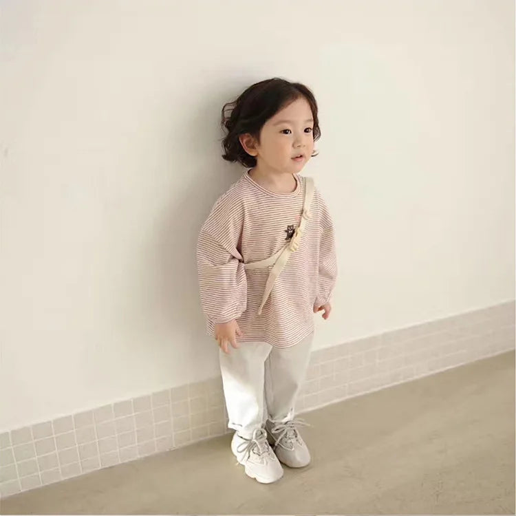 2020 Autumn Children'S Clothing New Girl Bear Print Long-Sleeved Striped T-Shirt Children'S Autumn And Winter Baby Cotton Bottom