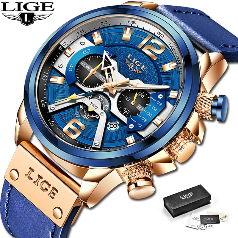 2023 New Mens Watches LIGE Top Brand Leather Chronograph Waterproof Sport Automatic Date Quartz Watch For Men Relogio Masculino - RY MARKET PLACE