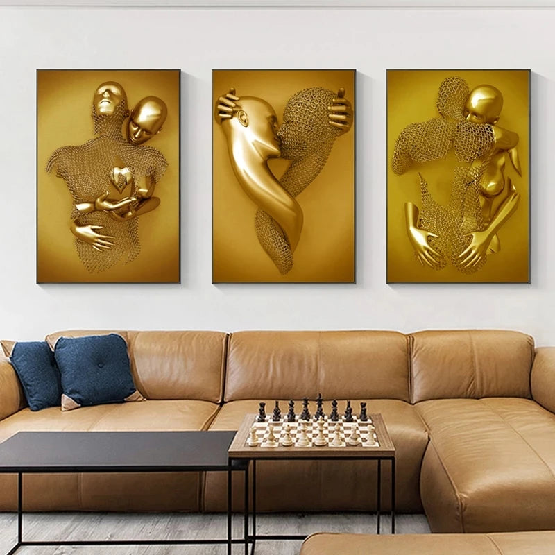 Modern Golden Metal Figure Statue Sculpture Art Posters Print Lover Canvas Paintings on The Wall Art Pictures for Home Decor