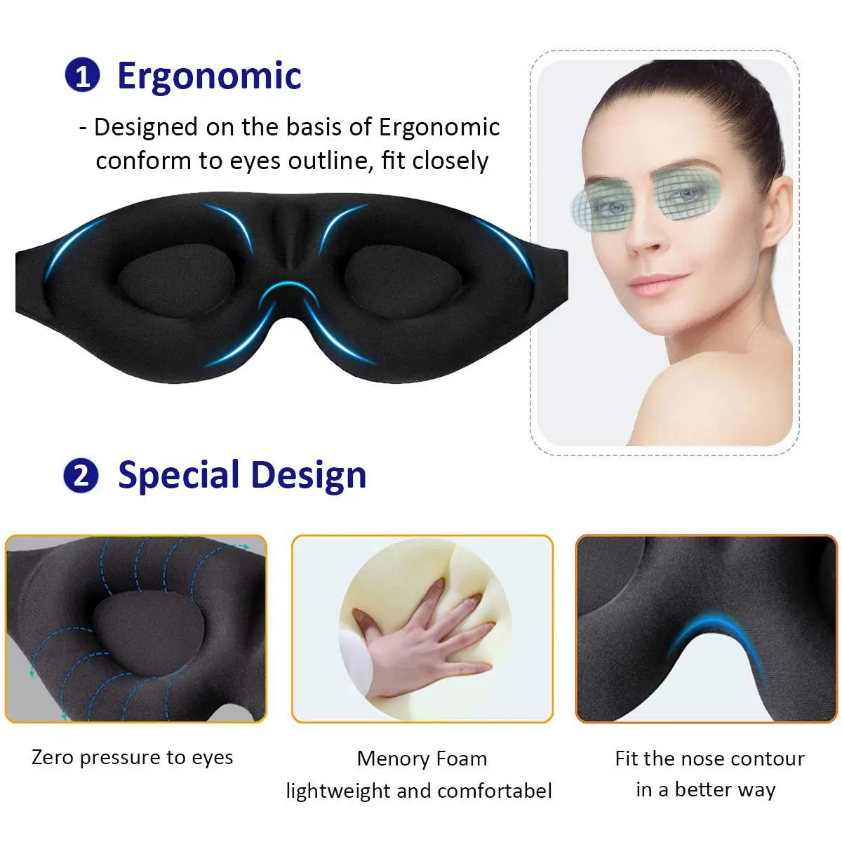 Eye Mask for Sleeping 3D Contoured Cup Blindfold Concave Molded Night Sleep Mask Block Out Light with Women Men