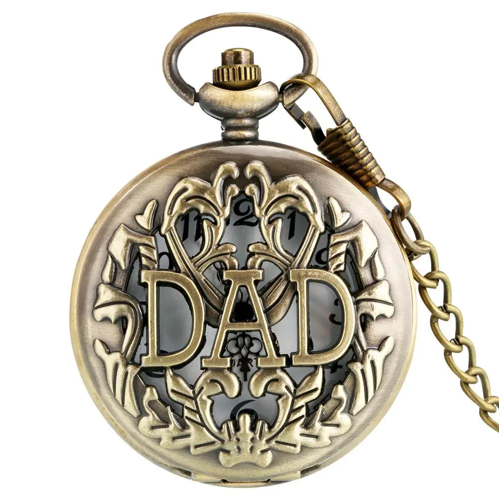 Antique DAD Pocket Watch Hollow Design Pendant Bronze Necklace Mens Fashion Pendant Happy Father's Day Gifts for Dad Daddy Clock