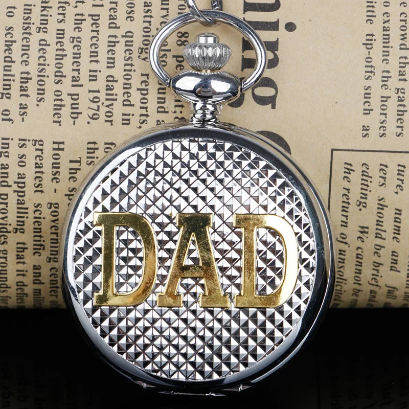 Engraved DAD Quartz Pocket Watch Vintage Necklace Pendant Bronze Mens Father's Day Gift