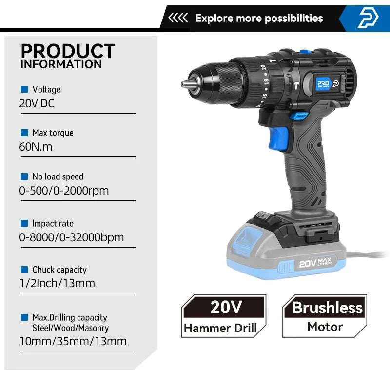 20V Brushless Hammer Drill 60NM Impact Electric Screwdriver Steel