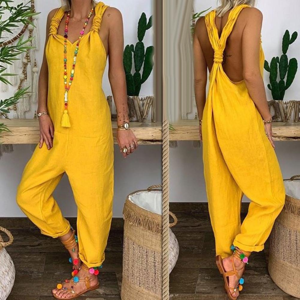 80% HOT SALES！！！Women Solid Color Bib Overall Sleeveless Backless Knotted Jumpsuit Dungarees - RY MARKET PLACE