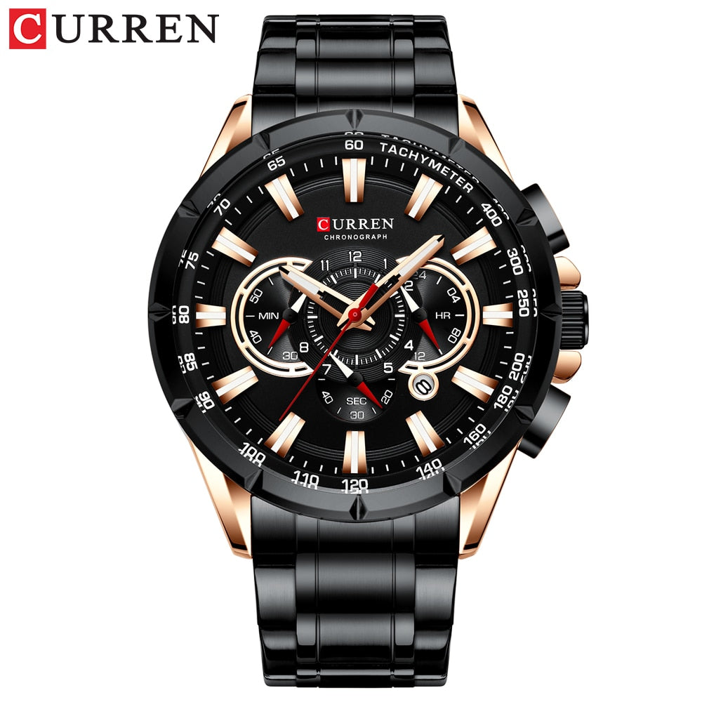 CURREN New Casual Sport Chronograph Men's Watches Stainless Steel Band Wristwatch Big Dial Quartz Clock with Luminous Pointers - RY MARKET PLACE