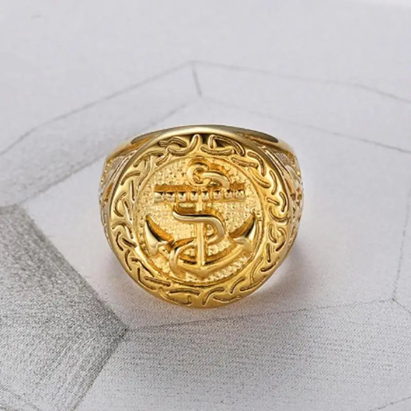 Classic Vintage Gold Plated Battleship Anchor Ring Men Travel Nautical Accessories Father's Day Gift