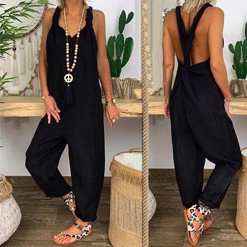 80% HOT SALES！！！Women Solid Color Bib Overall Sleeveless Backless Knotted Jumpsuit Dungarees - RY MARKET PLACE