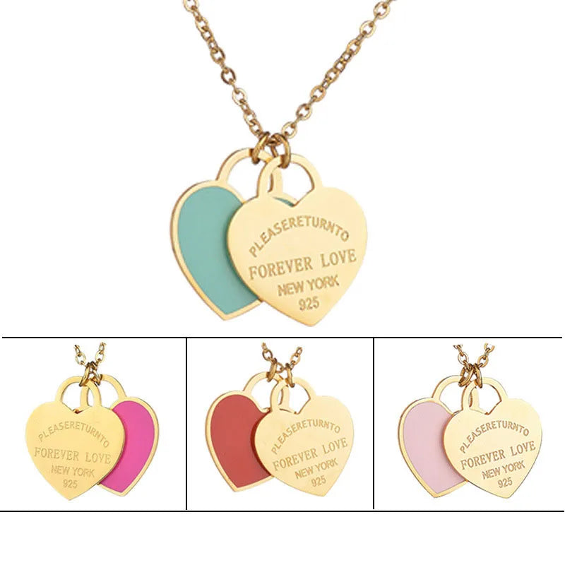 New Arrival Love Double Heart Enamel Ladie FOREVER LOVE Stainless Steel Necklace Drift Bottles Jewelry Wholesale Gift For Women