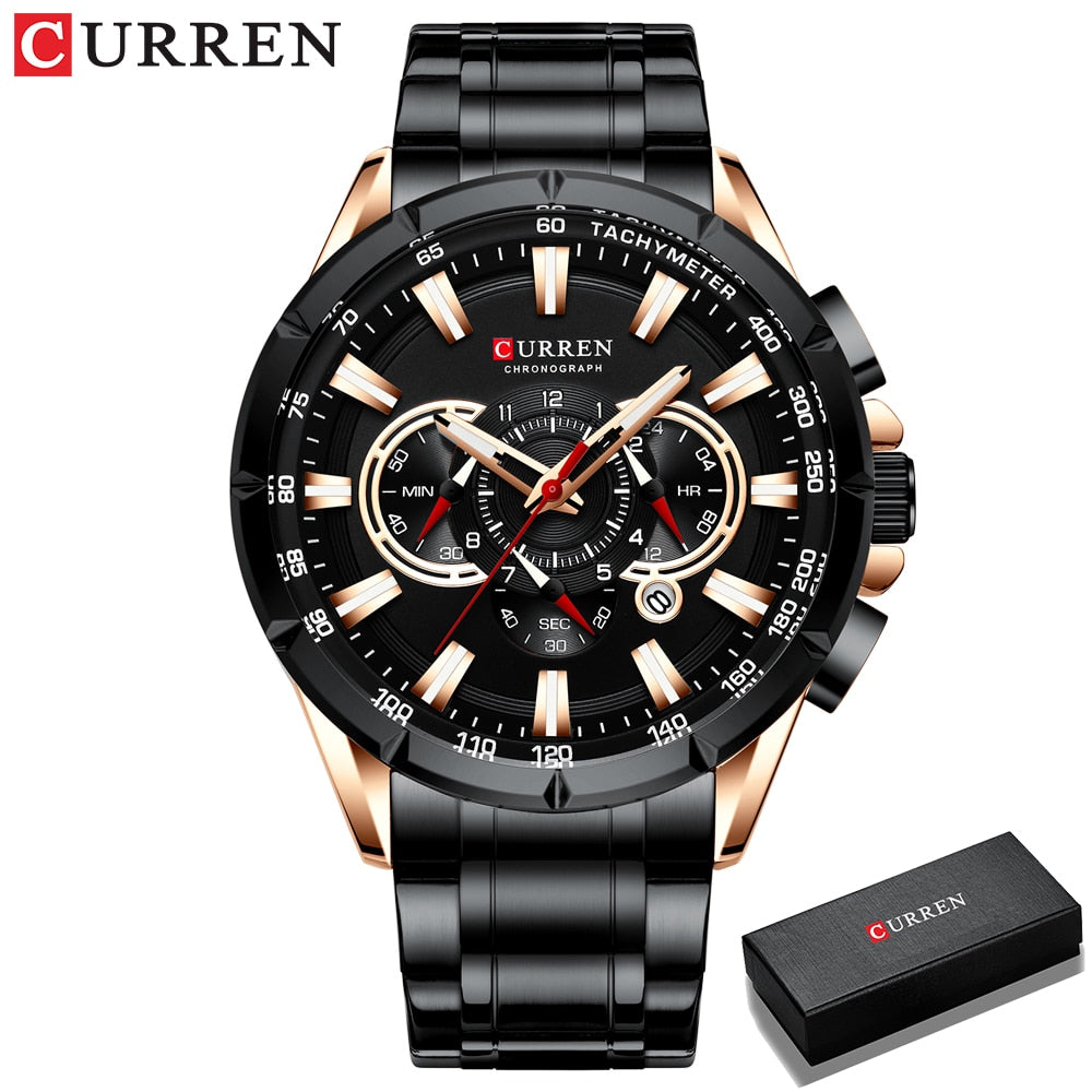 CURREN New Casual Sport Chronograph Men's Watches Stainless Steel Band Wristwatch Big Dial Quartz Clock with Luminous Pointers - RY MARKET PLACE