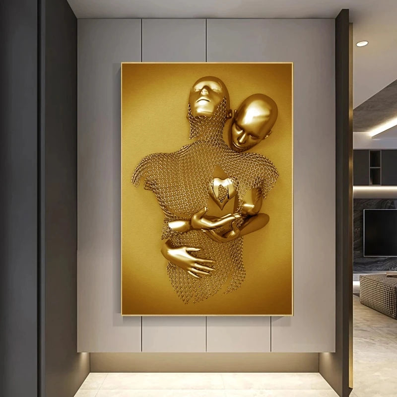 Modern Golden Metal Figure Statue Sculpture Art Posters Print Lover Canvas Paintings on The Wall Art Pictures for Home Decor