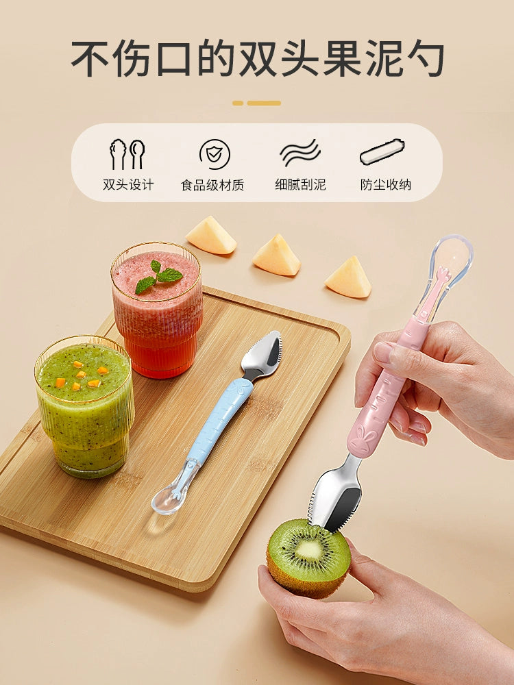 Baby Serrated Double-Headed Mud Scraper Baby Solid Food Tableware Children Fruit Digging Mud Scraper Spoon Eating Apple Butter Tools