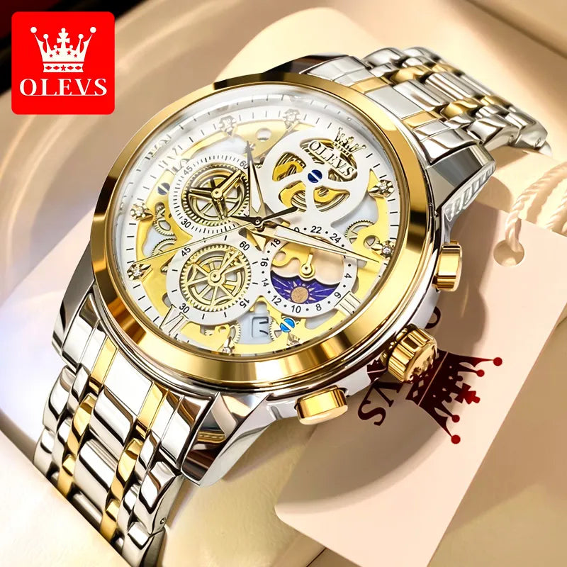 OLEVS Men's Quartz Watch Skeleton Stainless steel Waterproof Luxury Business Luminous Gold Watch Quartz Men's Watch Reloj Hombre - RY MARKET PLACE