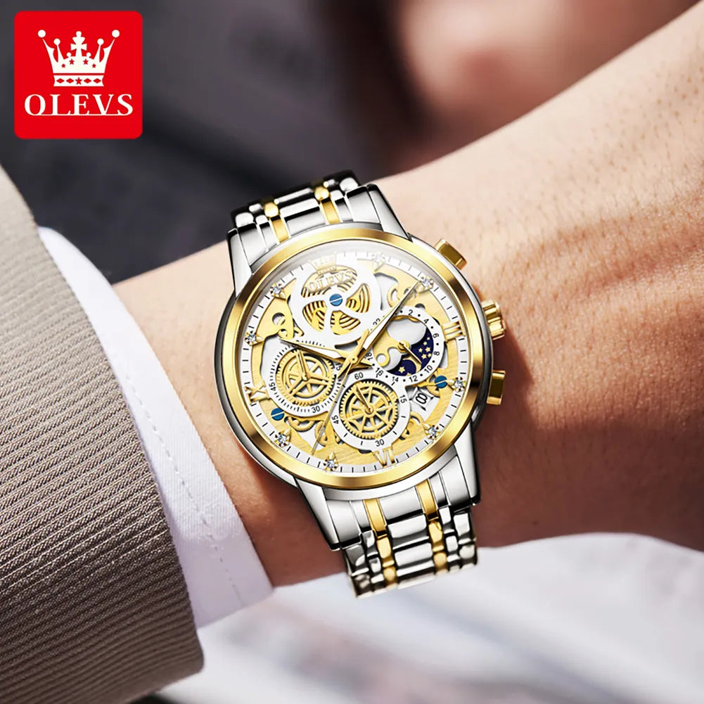 OLEVS Men's Quartz Watch Skeleton Stainless steel Waterproof Luxury Business Luminous Gold Watch Quartz Men's Watch Reloj Hombre - RY MARKET PLACE