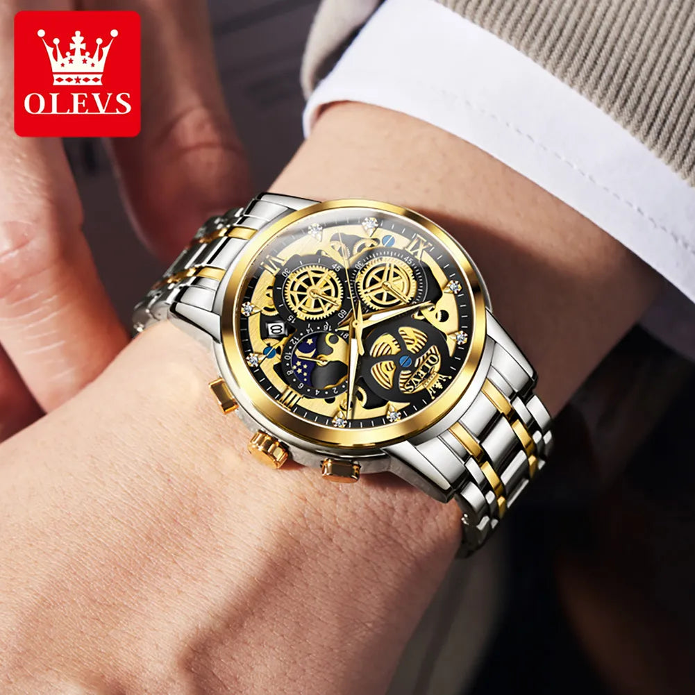 OLEVS Men's Quartz Watch Skeleton Stainless steel Waterproof Luxury Business Luminous Gold Watch Quartz Men's Watch Reloj Hombre - RY MARKET PLACE