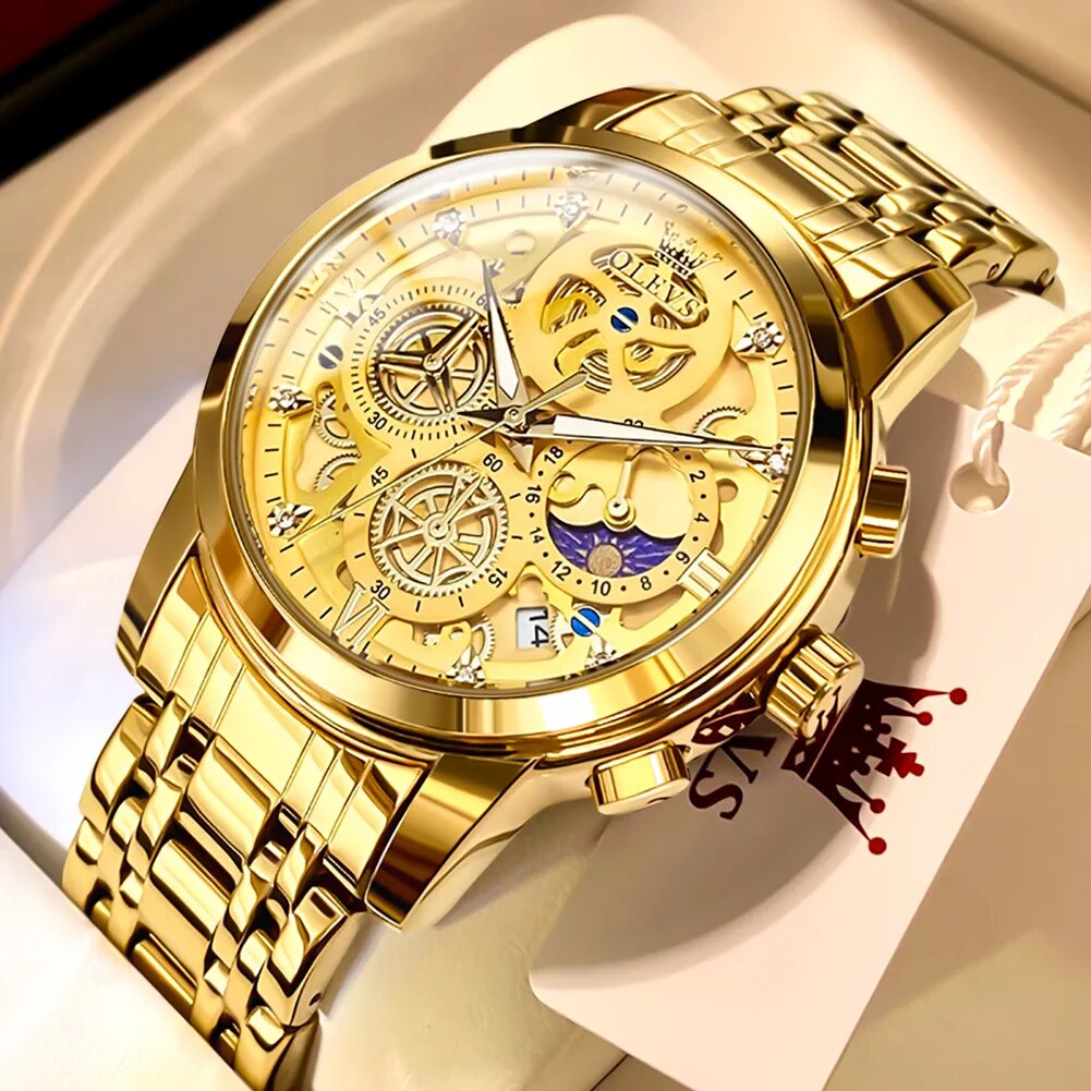 OLEVS Men's Quartz Watch Skeleton Stainless steel Waterproof Luxury Business Luminous Gold Watch Quartz Men's Watch Reloj Hombre - RY MARKET PLACE