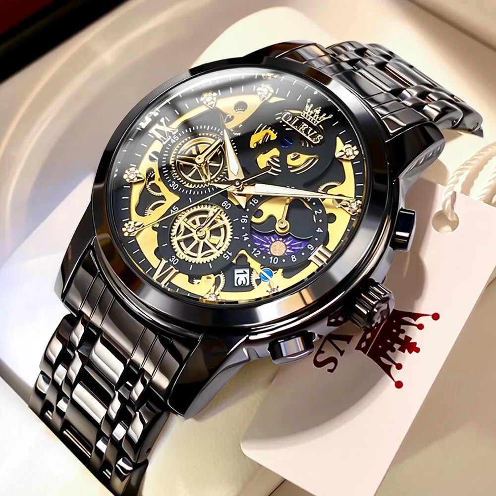 OLEVS Men's Quartz Watch Skeleton Stainless steel Waterproof Luxury Business Luminous Gold Watch Quartz Men's Watch Reloj Hombre - RY MARKET PLACE