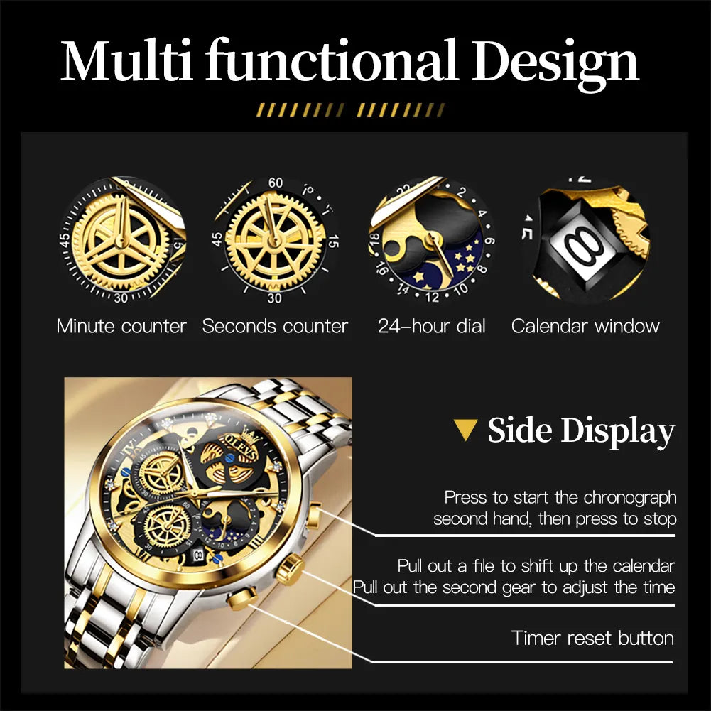 OLEVS Men's Quartz Watch Skeleton Stainless steel Waterproof Luxury Business Luminous Gold Watch Quartz Men's Watch Reloj Hombre - RY MARKET PLACE