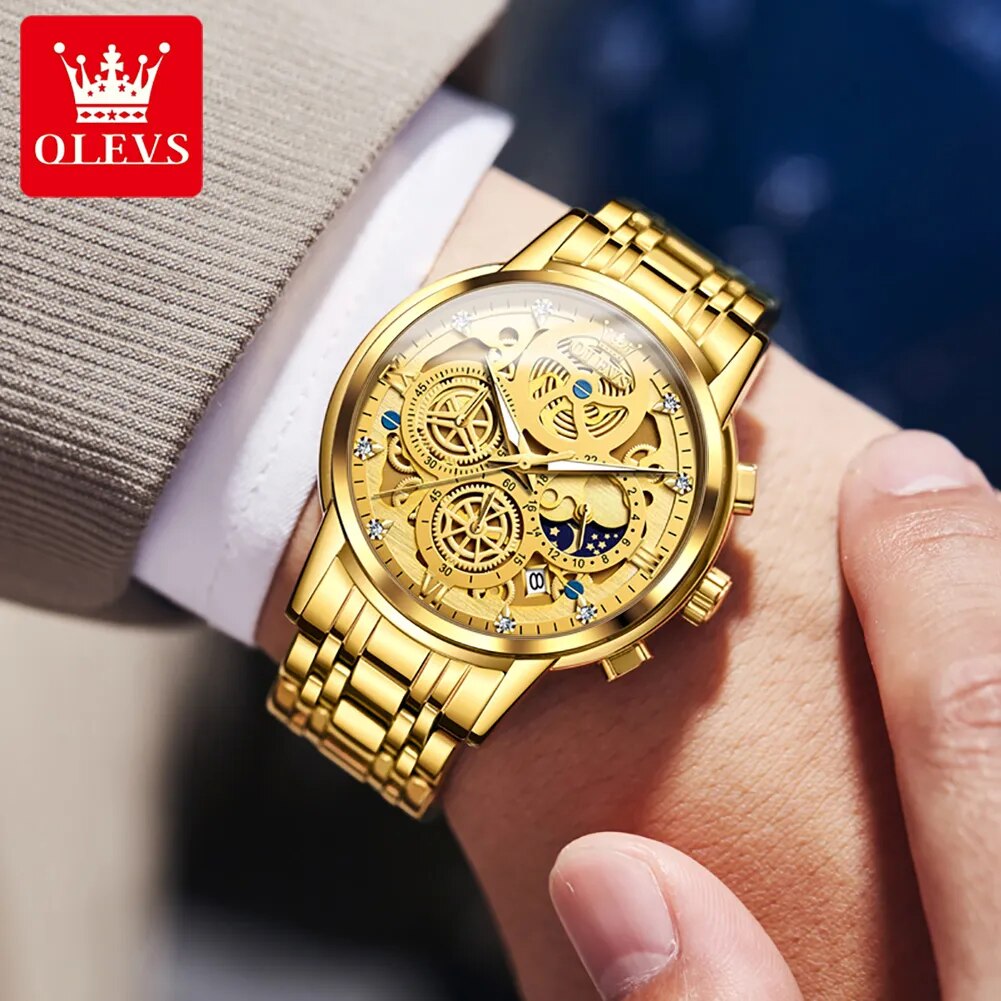 OLEVS Men's Quartz Watch Skeleton Stainless steel Waterproof Luxury Business Luminous Gold Watch Quartz Men's Watch Reloj Hombre - RY MARKET PLACE