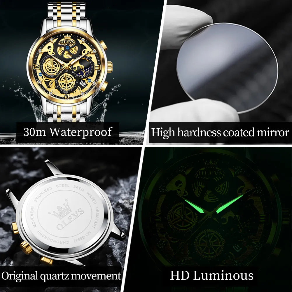 OLEVS Men's Quartz Watch Skeleton Stainless steel Waterproof Luxury Business Luminous Gold Watch Quartz Men's Watch Reloj Hombre - RY MARKET PLACE