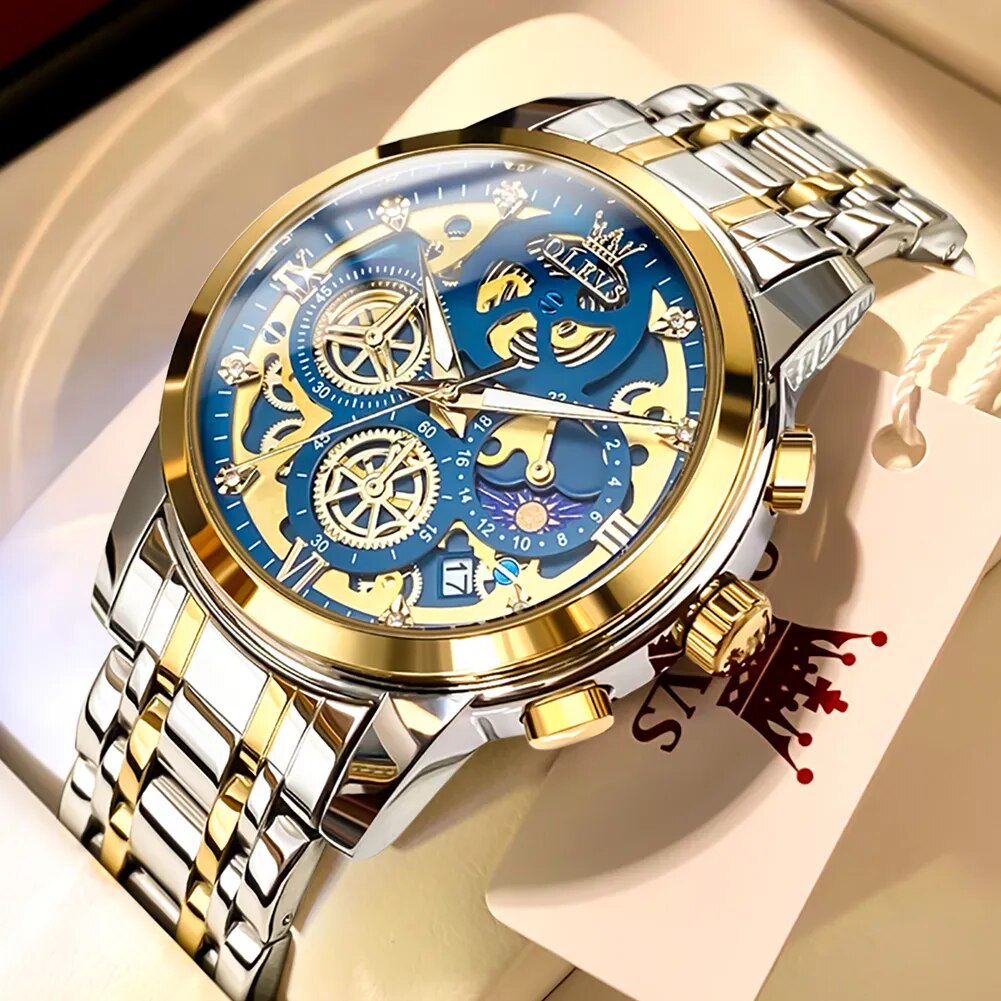 OLEVS Men's Quartz Watch Skeleton Stainless steel Waterproof Luxury Business Luminous Gold Watch Quartz Men's Watch Reloj Hombre - RY MARKET PLACE