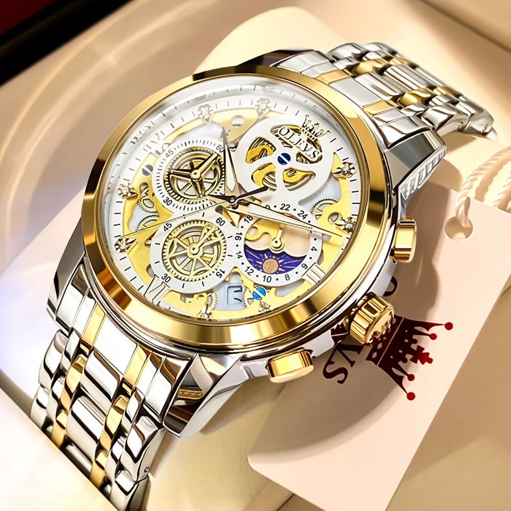 OLEVS Men's Quartz Watch Skeleton Stainless steel Waterproof Luxury Business Luminous Gold Watch Quartz Men's Watch Reloj Hombre - RY MARKET PLACE