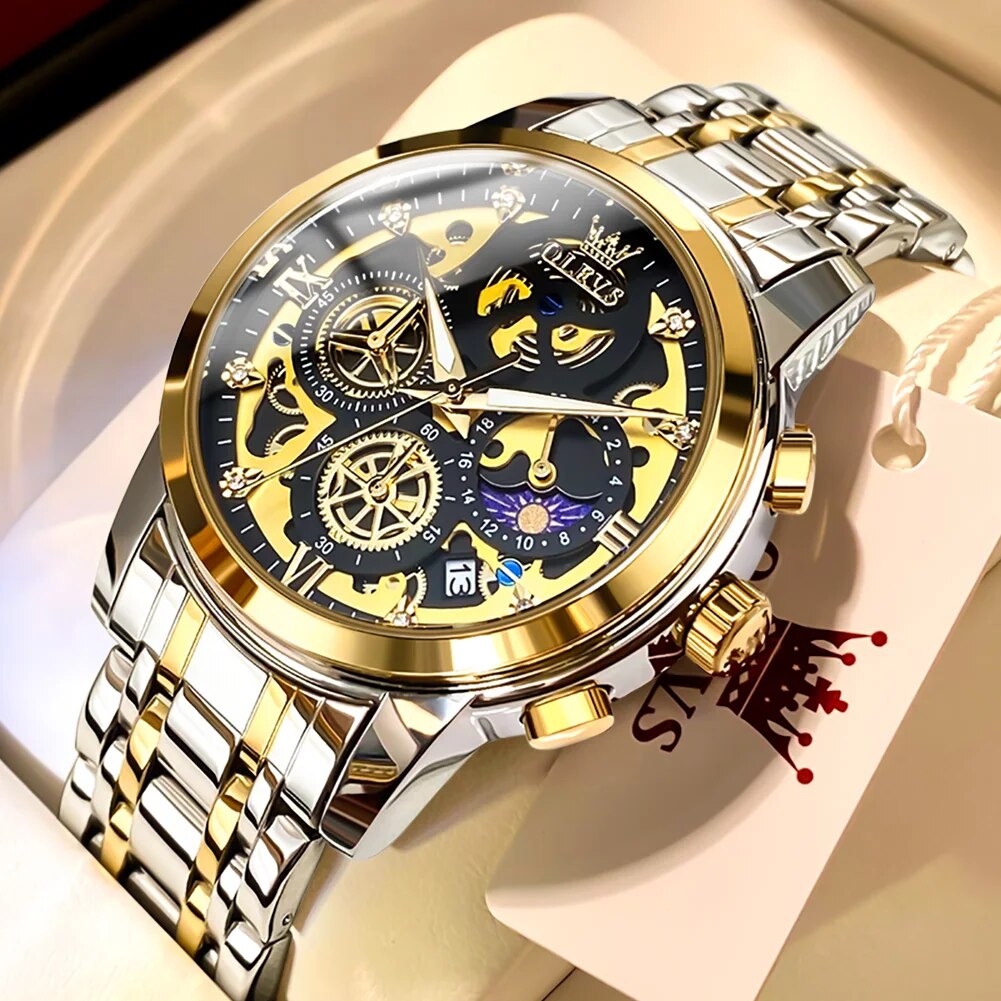 OLEVS Men's Quartz Watch Skeleton Stainless steel Waterproof Luxury Business Luminous Gold Watch Quartz Men's Watch Reloj Hombre - RY MARKET PLACE