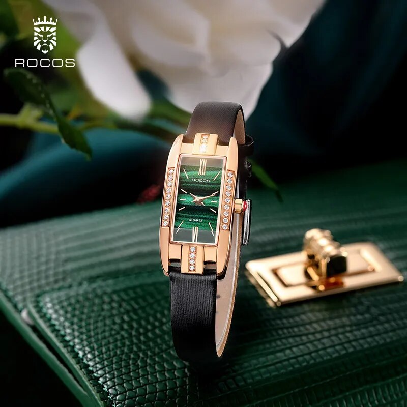 ROCOS Women Watches Rectangle Fashion Quartz Watch Women Quartz Watches Luxury Simple Diamond Green Dial WristWatch R209S - RY MARKET PLACE