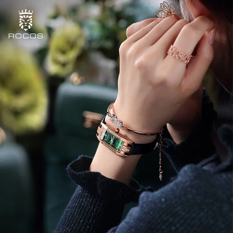 ROCOS Women Watches Rectangle Fashion Quartz Watch Women Quartz Watches Luxury Simple Diamond Green Dial WristWatch R209S - RY MARKET PLACE