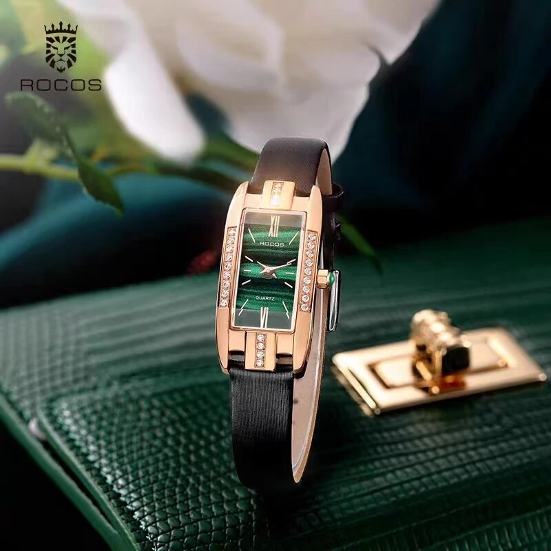 ROCOS Women Watches Rectangle Fashion Quartz Watch Women Quartz Watches Luxury Simple Diamond Green Dial WristWatch R209S - RY MARKET PLACE