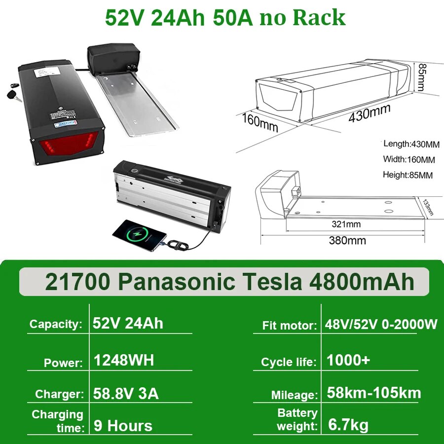 Rear Rack eBike Battery 21700 18650 52V 48V 28Ah 24Ah 20Ah With Double Luggage for 2000W 1500W 1000W 750W 500W 24"-28 inch Motor - RY MARKET PLACE