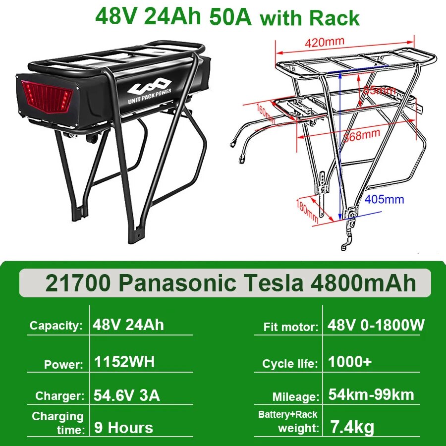 Rear Rack eBike Battery 21700 18650 52V 48V 28Ah 24Ah 20Ah With Double Luggage for 2000W 1500W 1000W 750W 500W 24"-28 inch Motor - RY MARKET PLACE