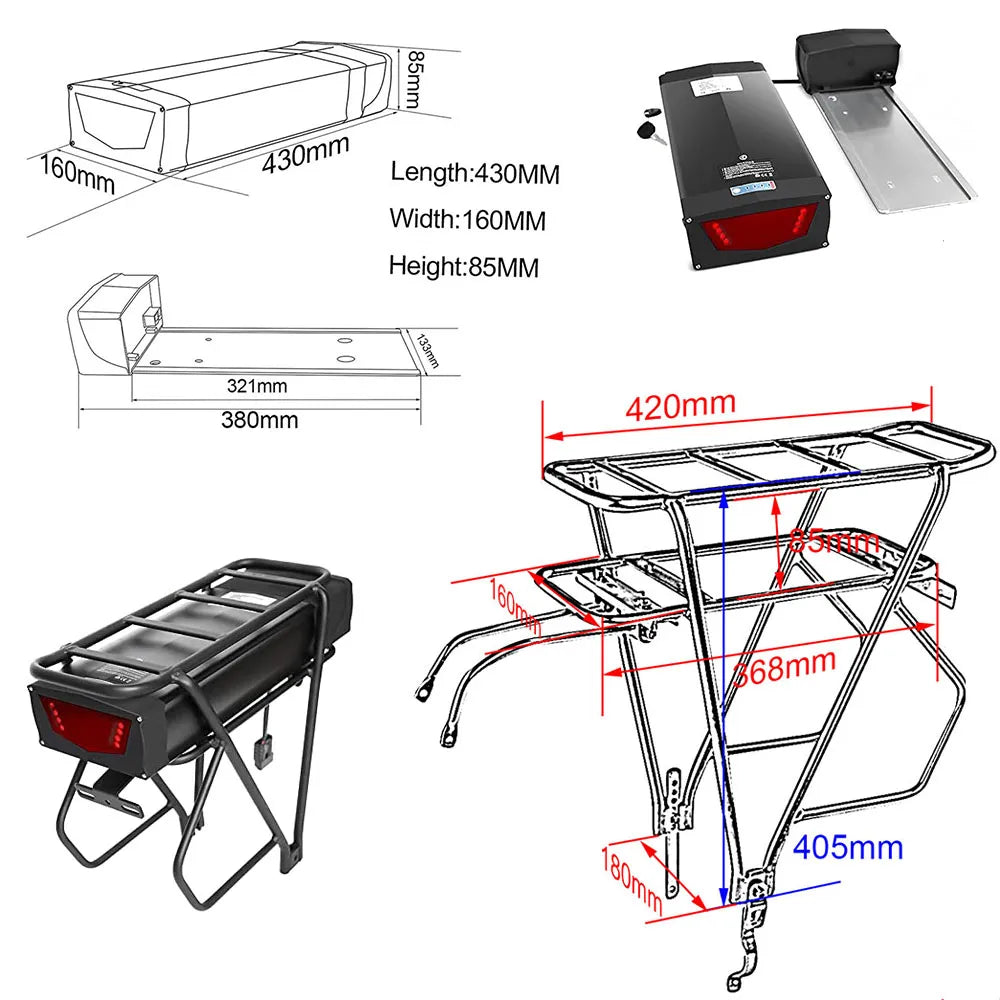 Rear Rack eBike Battery 21700 18650 52V 48V 28Ah 24Ah 20Ah With Double Luggage for 2000W 1500W 1000W 750W 500W 24"-28 inch Motor - RY MARKET PLACE